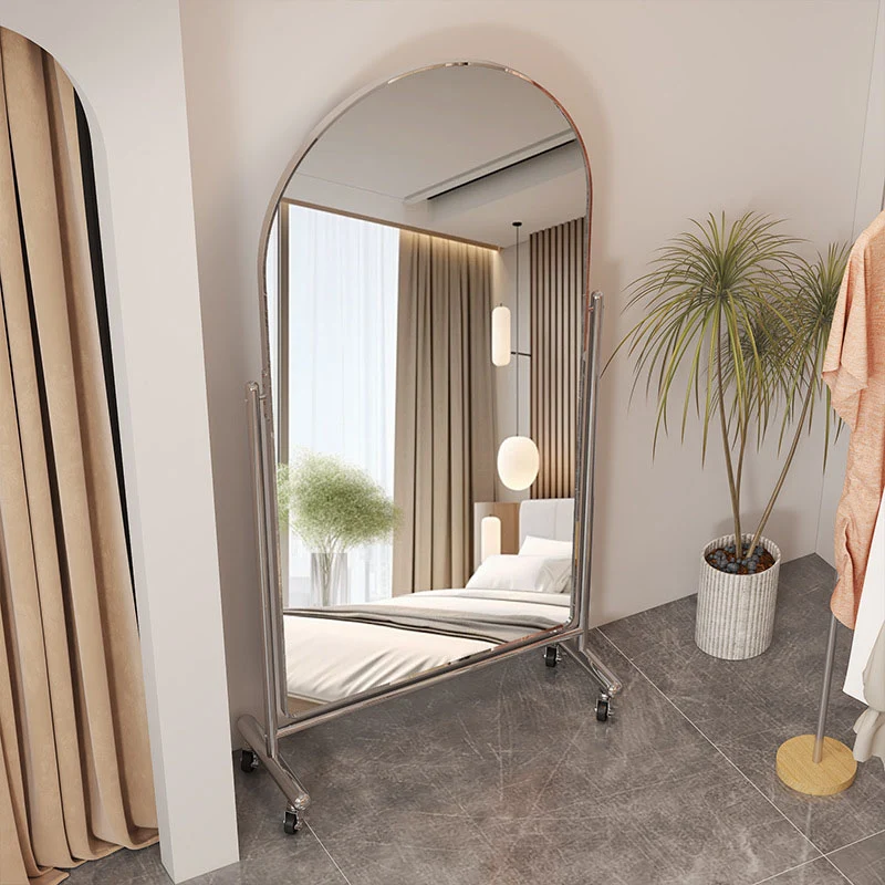 Modern Minimalist Stainless Steel Glass Oval Movable Full-Length Floor Mirror Adjustable Slimming Design For Living Room & Bedroom