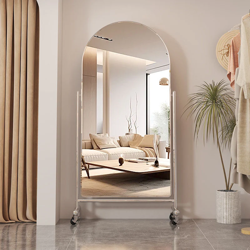 Modern Minimalist Stainless Steel Glass Oval Movable Full-Length Floor Mirror Adjustable Slimming Design For Living Room & Bedroom
