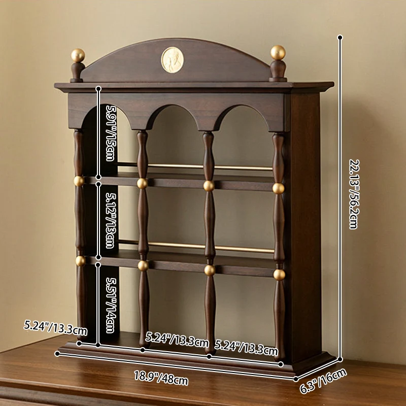 Modern Mid-century Walnut Aluminum Alloy Zinc Alloy Rectangular Arch Desktop Storage Shelf 3-Tier For Living Room & Entryway