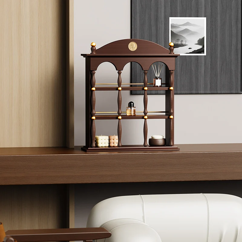 Modern Mid-century Walnut Aluminum Alloy Zinc Alloy Rectangular Arch Desktop Storage Shelf 3-Tier For Living Room & Entryway