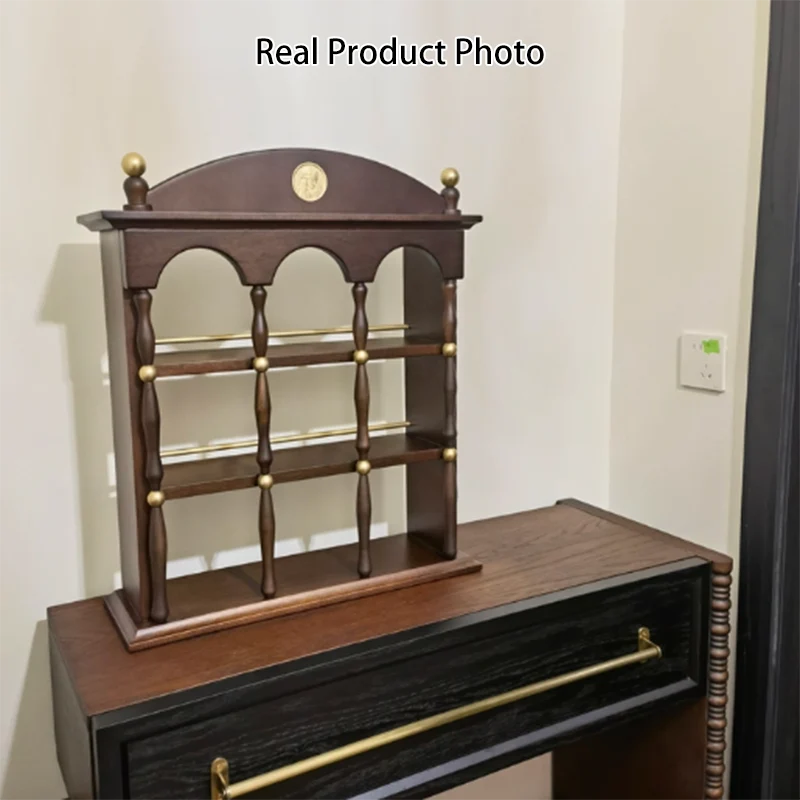 Modern Mid-century Walnut Aluminum Alloy Zinc Alloy Rectangular Arch Desktop Storage Shelf 3-Tier For Living Room & Entryway