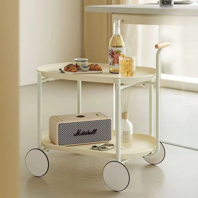 Contemporary Scandinavian PP Plastic Carbon Steel Beech Wood Oval Cart Movable Side Table With 2-Tier Storage For Living Room And Bedroom
