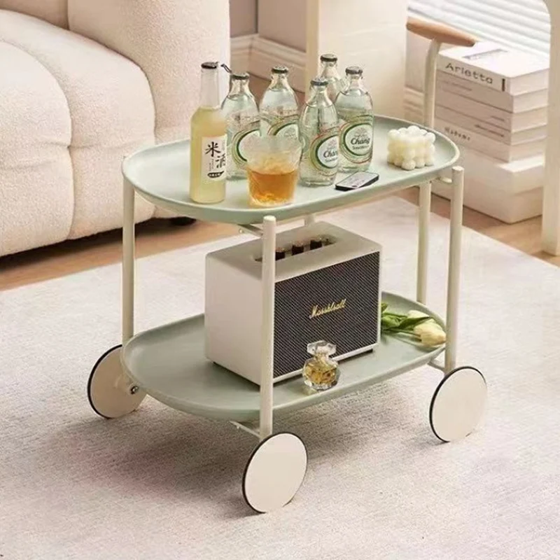 Contemporary Scandinavian PP Plastic Carbon Steel Beech Wood Oval Cart Movable Side Table With 2-Tier Storage For Living Room And Bedroom