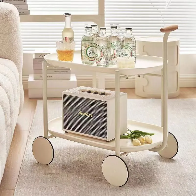 Contemporary Scandinavian PP Plastic Carbon Steel Beech Wood Oval Cart Movable Side Table With 2-Tier Storage For Living Room And Bedroom
