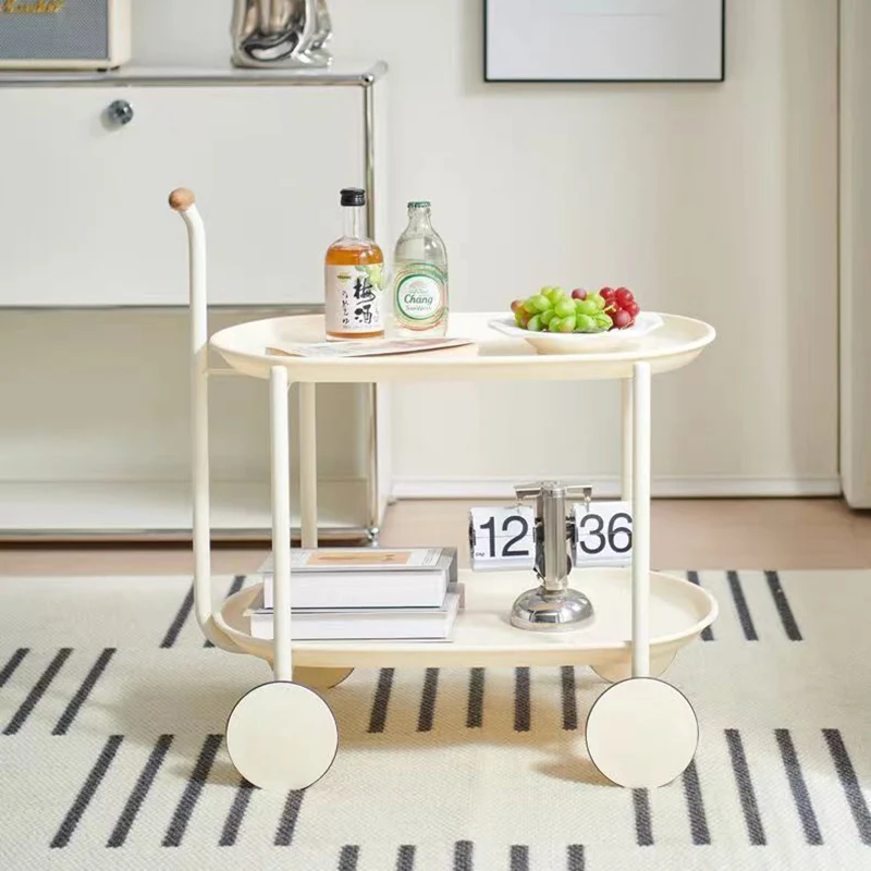Contemporary Scandinavian PP Plastic Carbon Steel Beech Wood Oval Cart Movable Side Table With 2-Tier Storage For Living Room And Bedroom