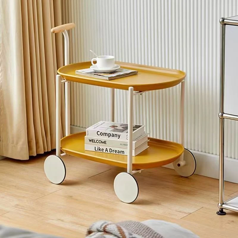 Contemporary Scandinavian PP Plastic Carbon Steel Beech Wood Oval Cart Movable Side Table With 2-Tier Storage For Living Room And Bedroom