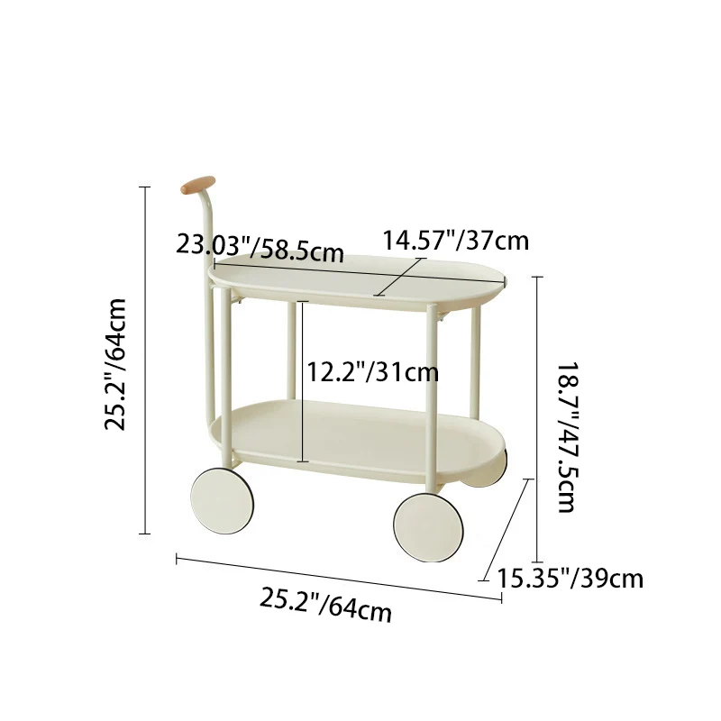 Contemporary Scandinavian PP Plastic Carbon Steel Beech Wood Oval Cart Movable Side Table With 2-Tier Storage For Living Room And Bedroom