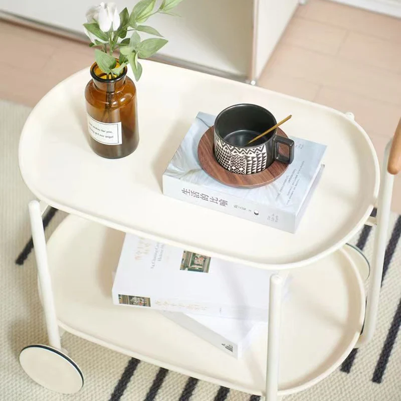 Contemporary Scandinavian PP Plastic Carbon Steel Beech Wood Oval Cart Movable Side Table With 2-Tier Storage For Living Room And Bedroom