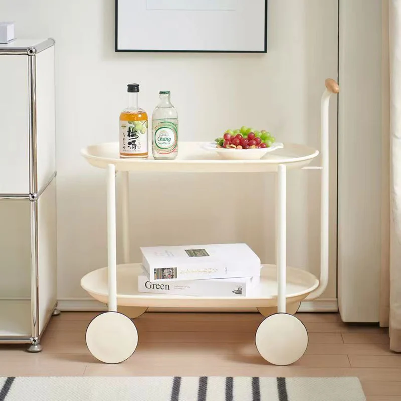 Contemporary Scandinavian PP Plastic Carbon Steel Beech Wood Oval Cart Movable Side Table With 2-Tier Storage For Living Room And Bedroom