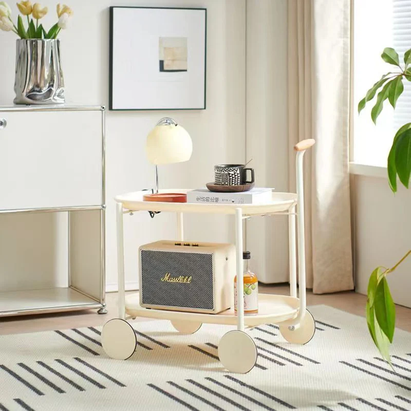 Contemporary Scandinavian PP Plastic Carbon Steel Beech Wood Oval Cart Movable Side Table With 2-Tier Storage For Living Room And Bedroom