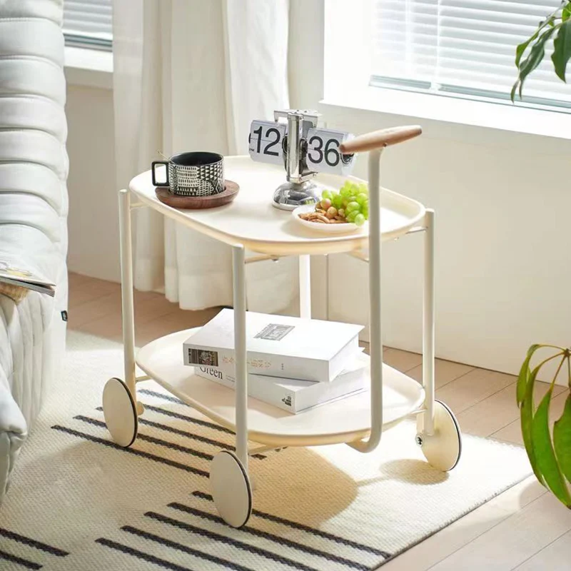 Contemporary Scandinavian PP Plastic Carbon Steel Beech Wood Oval Cart Movable Side Table With 2-Tier Storage For Living Room And Bedroom