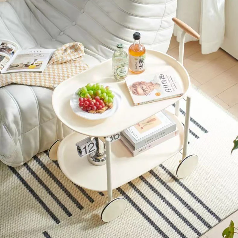 Contemporary Scandinavian PP Plastic Carbon Steel Beech Wood Oval Cart Movable Side Table With 2-Tier Storage For Living Room And Bedroom