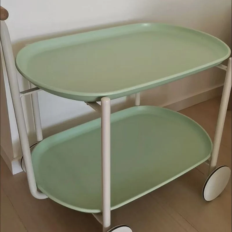Contemporary Scandinavian PP Plastic Carbon Steel Beech Wood Oval Cart Movable Side Table With 2-Tier Storage For Living Room And Bedroom