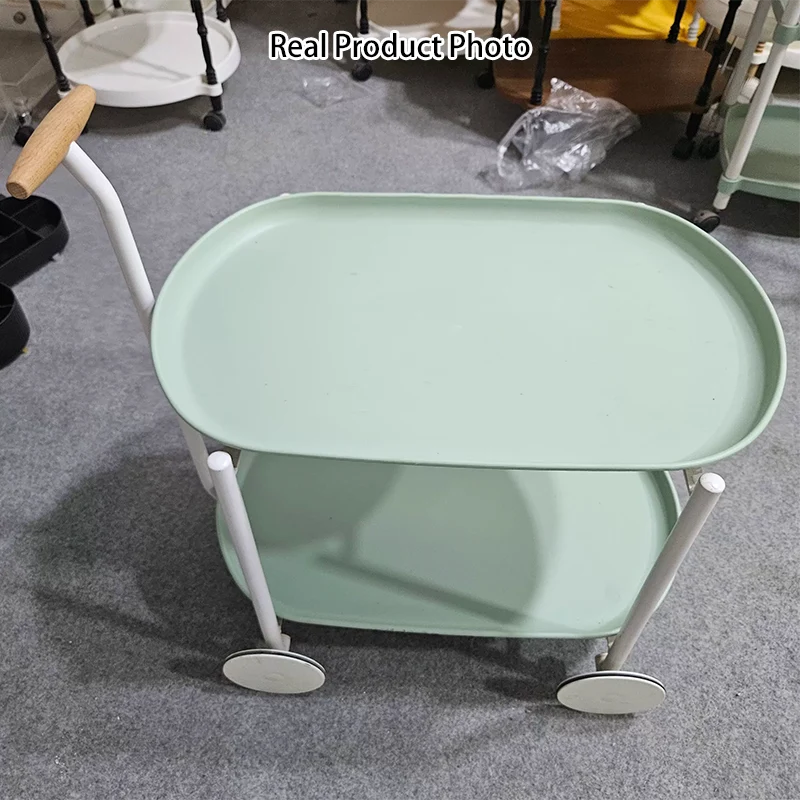 Contemporary Scandinavian PP Plastic Carbon Steel Beech Wood Oval Cart Movable Side Table With 2-Tier Storage For Living Room And Bedroom