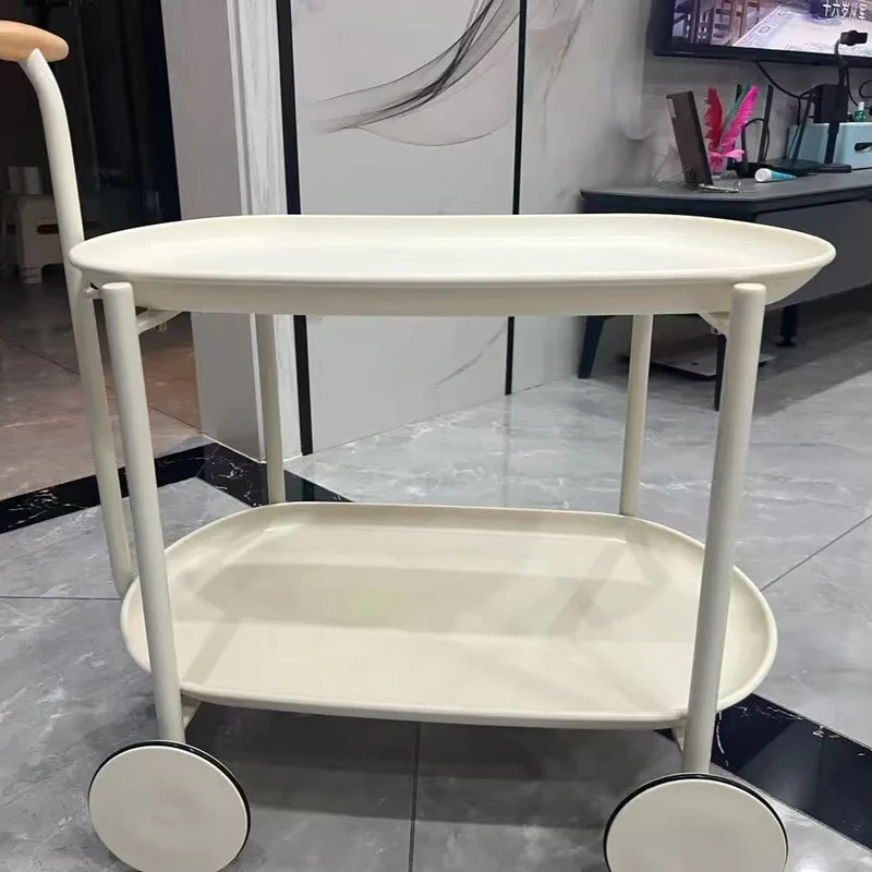 Contemporary Scandinavian PP Plastic Carbon Steel Beech Wood Oval Cart Movable Side Table With 2-Tier Storage For Living Room And Bedroom