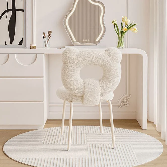 Modern Minimalist Round Bear Sherpa Fabric Carbon Steel Vanity Stool Backrest For Bedroom
