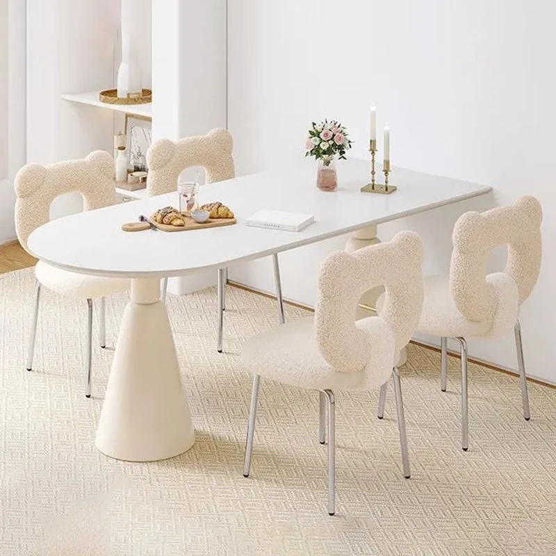 Modern Minimalist Round Bear Sherpa Fabric Carbon Steel Vanity Stool Backrest For Bedroom