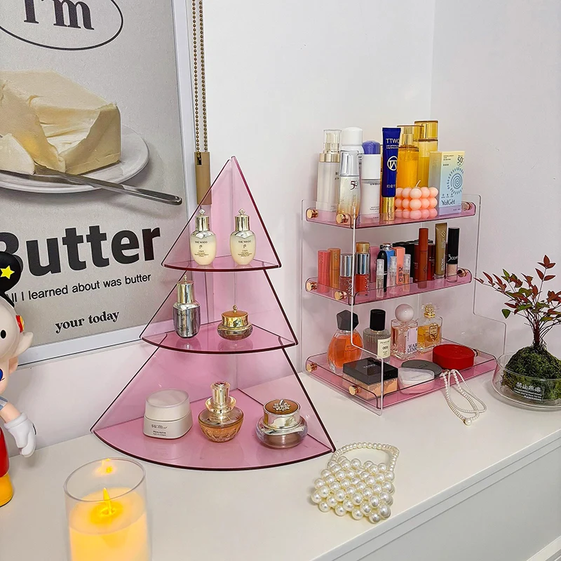 Contemporary Creative Acrylic Christmas Tree-shaped Desktop Storage Shelf 3-Tier Perfume & Cosmetics Display Shelf For Bedroom & Living Room