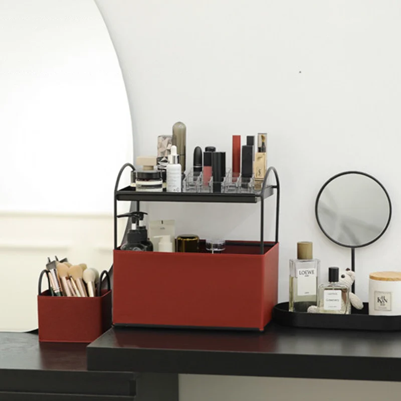 Contemporary Nordic PU Leather Iron Rectangular Desktop Storage Shelf 2-Tier Makeup Organizer Box Skincare For Living Room & Bedroom