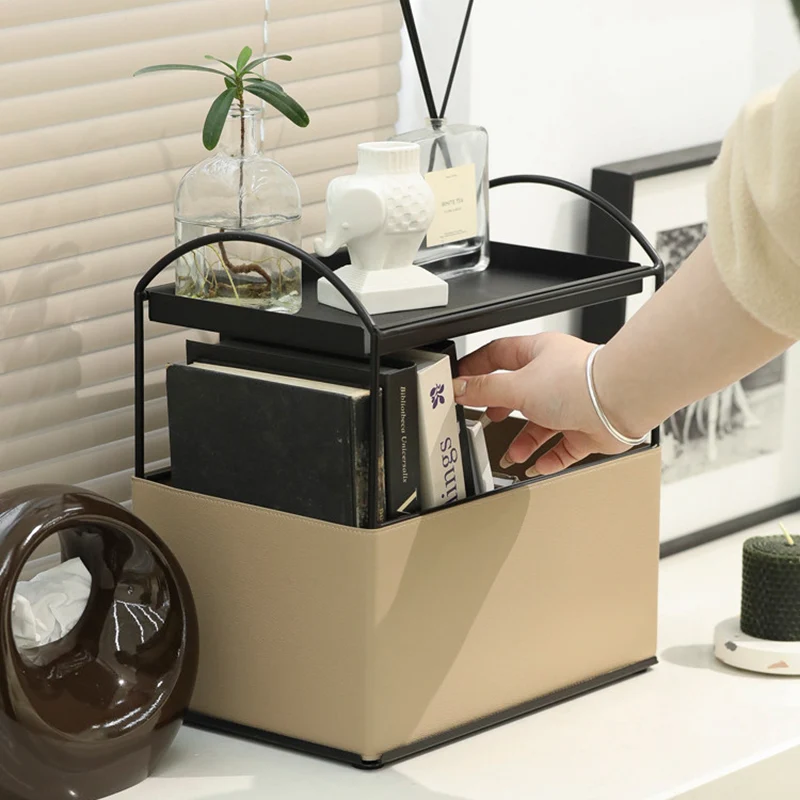Contemporary Nordic PU Leather Iron Rectangular Desktop Storage Shelf 2-Tier Makeup Organizer Box Skincare For Living Room & Bedroom