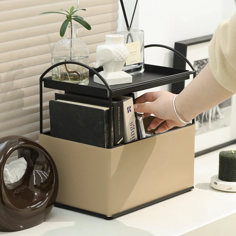 Contemporary Nordic PU Leather Iron Rectangular Desktop Storage Shelf 2-Tier Makeup Organizer Box Skincare For Living Room & Bedroom