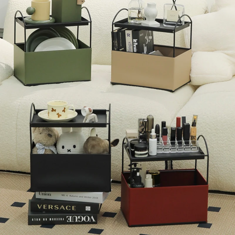 Contemporary Nordic PU Leather Iron Rectangular Desktop Storage Shelf 2-Tier Makeup Organizer Box Skincare For Living Room & Bedroom