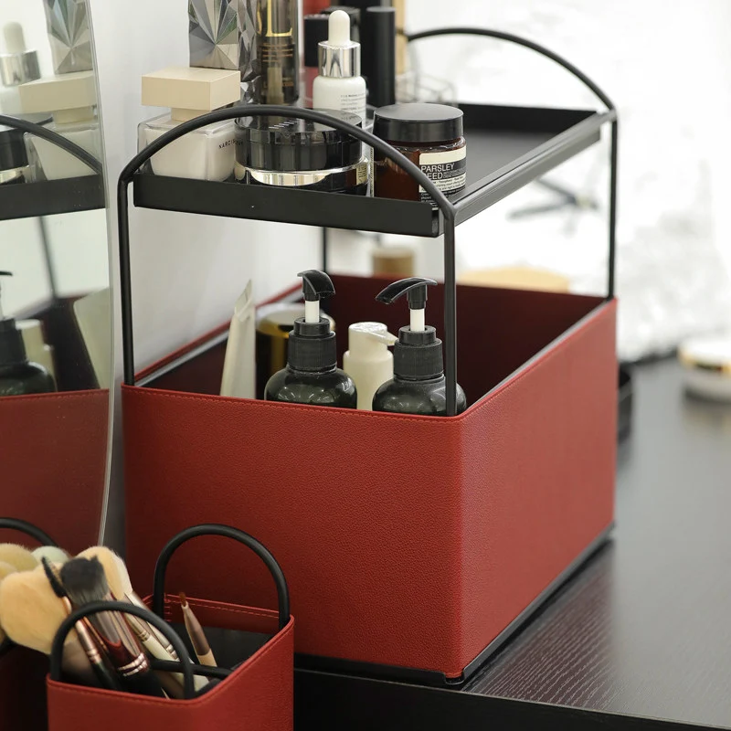Contemporary Nordic PU Leather Iron Rectangular Desktop Storage Shelf 2-Tier Makeup Organizer Box Skincare For Living Room & Bedroom