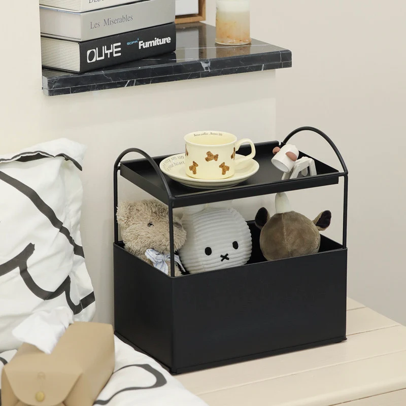 Contemporary Nordic PU Leather Iron Rectangular Desktop Storage Shelf 2-Tier Makeup Organizer Box Skincare For Living Room & Bedroom