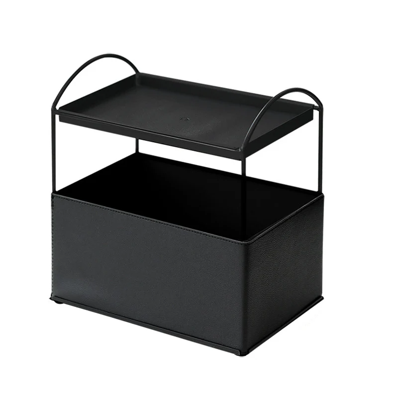 Contemporary Nordic PU Leather Iron Rectangular Desktop Storage Shelf 2-Tier Makeup Organizer Box Skincare For Living Room & Bedroom