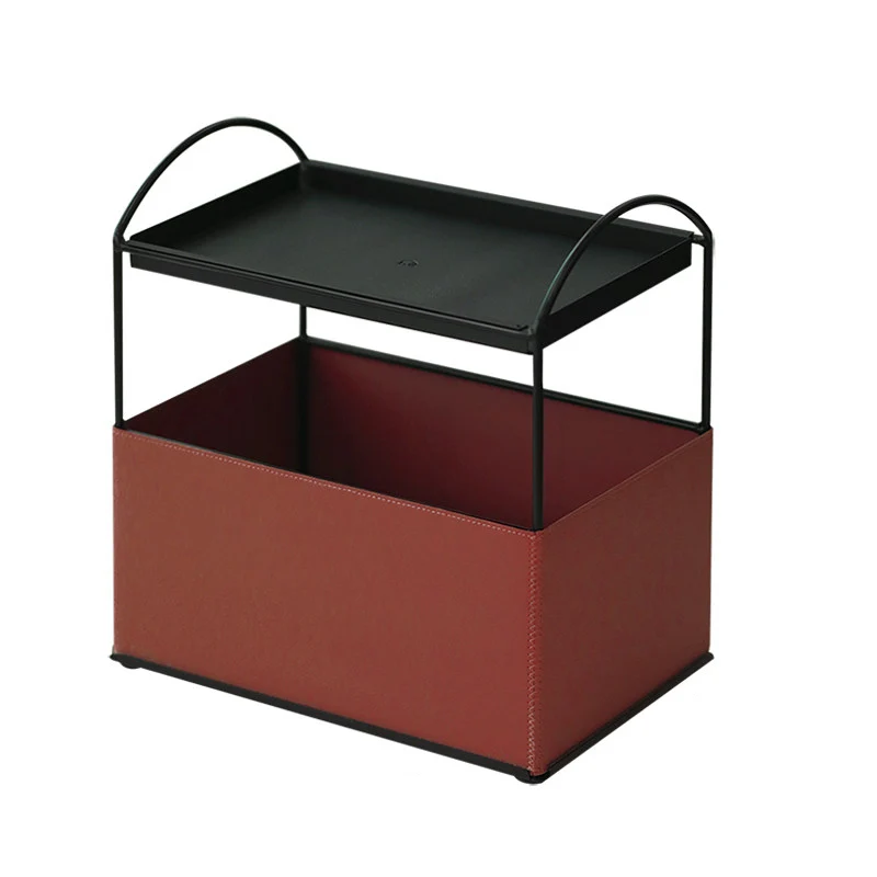 Contemporary Nordic PU Leather Iron Rectangular Desktop Storage Shelf 2-Tier Makeup Organizer Box Skincare For Living Room & Bedroom