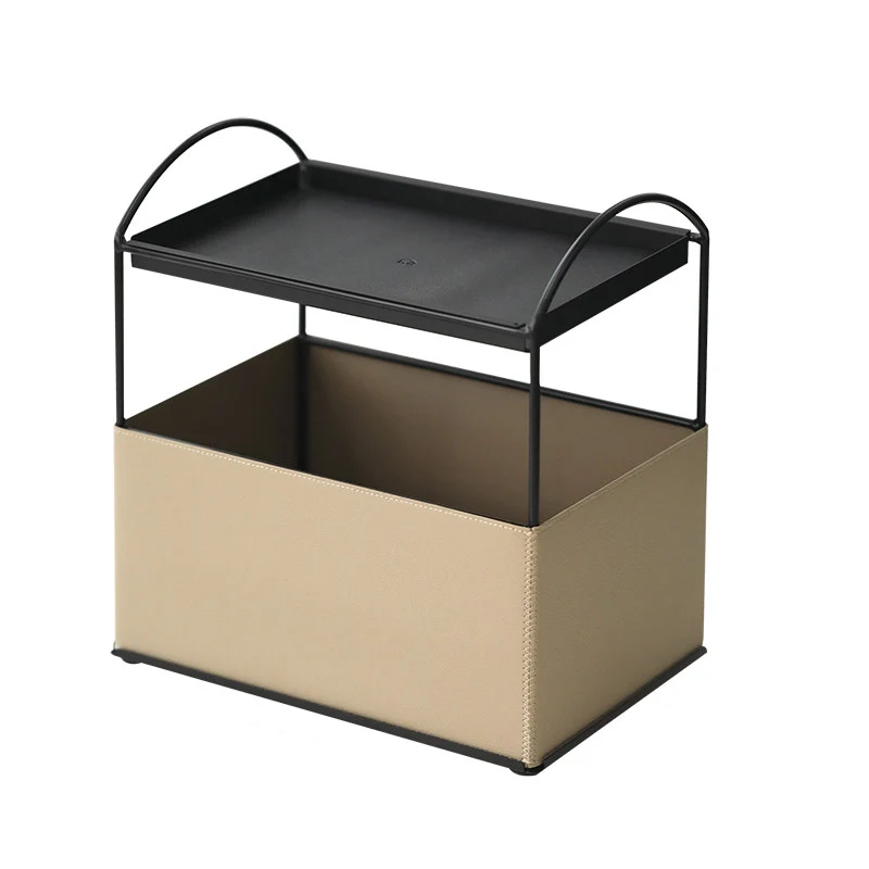 Contemporary Nordic PU Leather Iron Rectangular Desktop Storage Shelf 2-Tier Makeup Organizer Box Skincare For Living Room & Bedroom