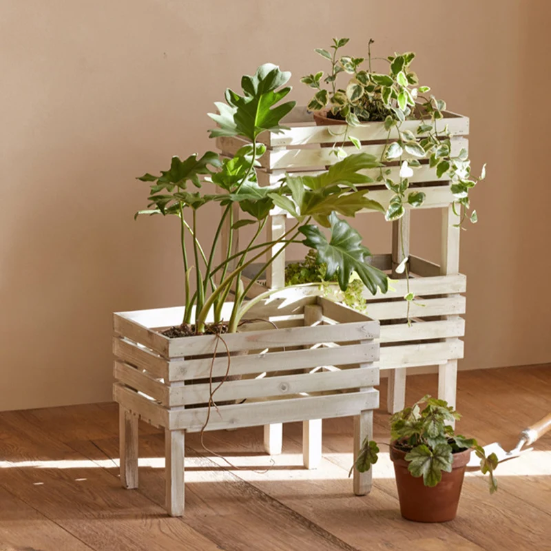 Traditional Rustic Pine Wood Rectangular Indoor Flower Storage Shelf 1/2/3-Tier For Balcony & Living Room