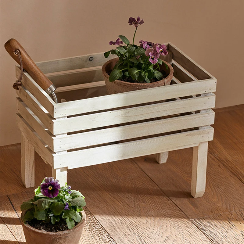 Traditional Rustic Pine Wood Rectangular Indoor Flower Storage Shelf 1/2/3-Tier For Balcony & Living Room