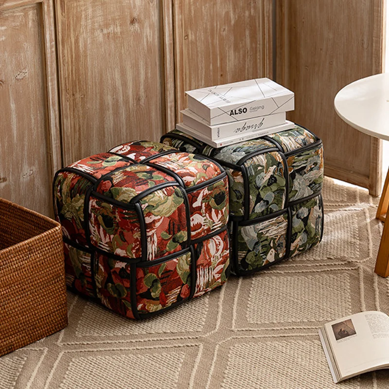 Traditional French Chenille Sponge Pine Wood Square Lightweight Low Stool Backless Armless For Living Room