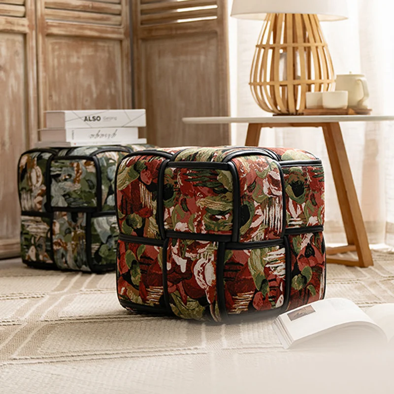 Traditional French Chenille Sponge Pine Wood Square Lightweight Low Stool Backless Armless For Living Room