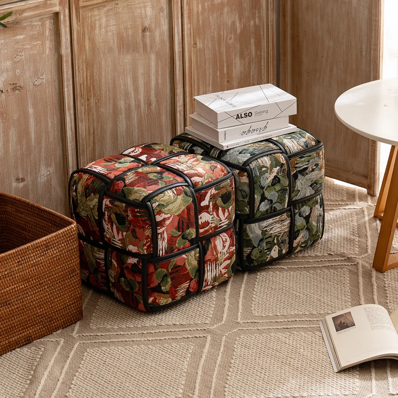 Traditional French Chenille Sponge Pine Wood Square Lightweight Low Stool Backless Armless For Living Room