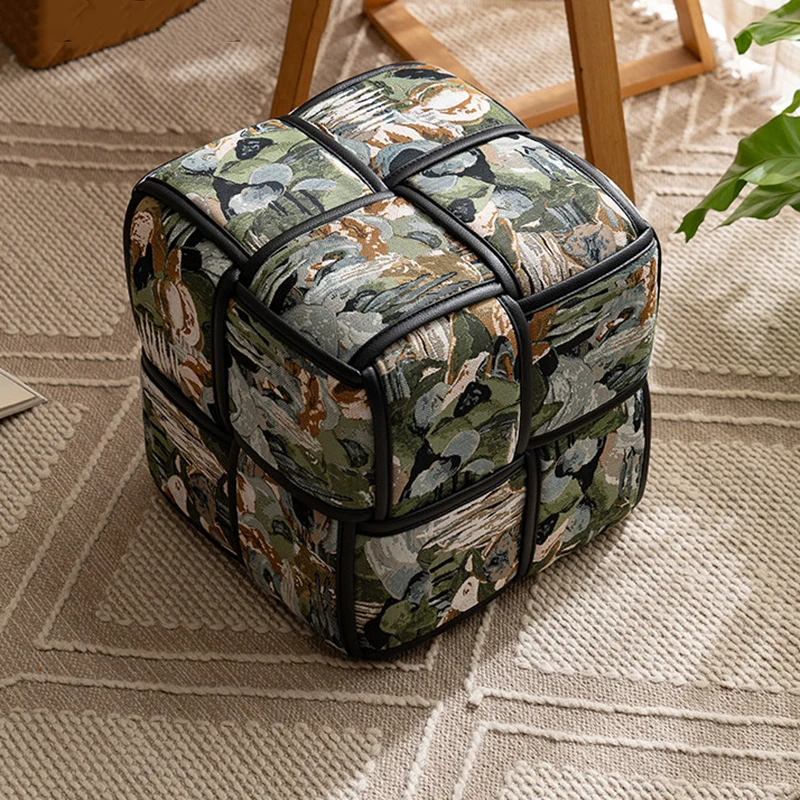 Traditional French Chenille Sponge Pine Wood Square Lightweight Low Stool Backless Armless For Living Room