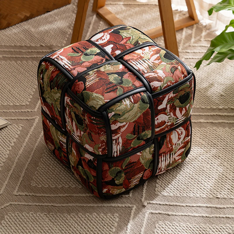 Traditional French Chenille Sponge Pine Wood Square Lightweight Low Stool Backless Armless For Living Room