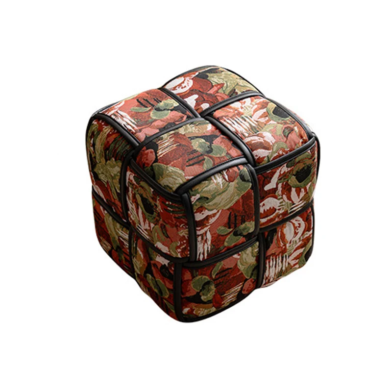 Traditional French Chenille Sponge Pine Wood Square Lightweight Low Stool Backless Armless For Living Room