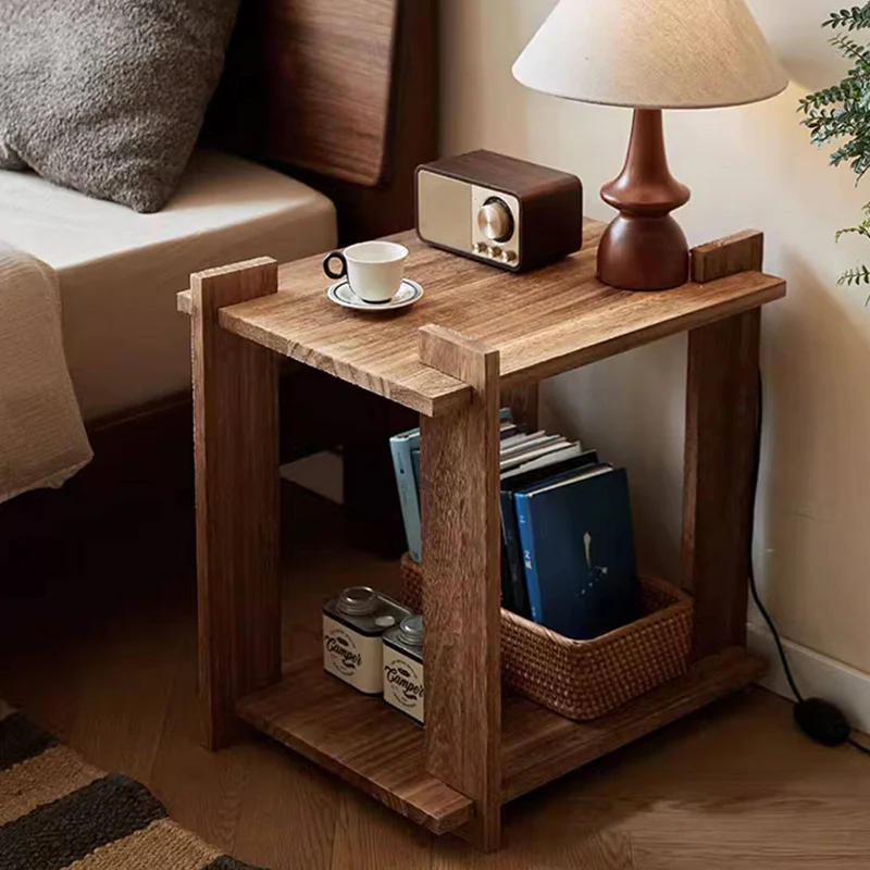 Modern Shabby Chic Paulownia Wood Rectangular Portable Side Table 2-Tier For Living Room & Bedroom