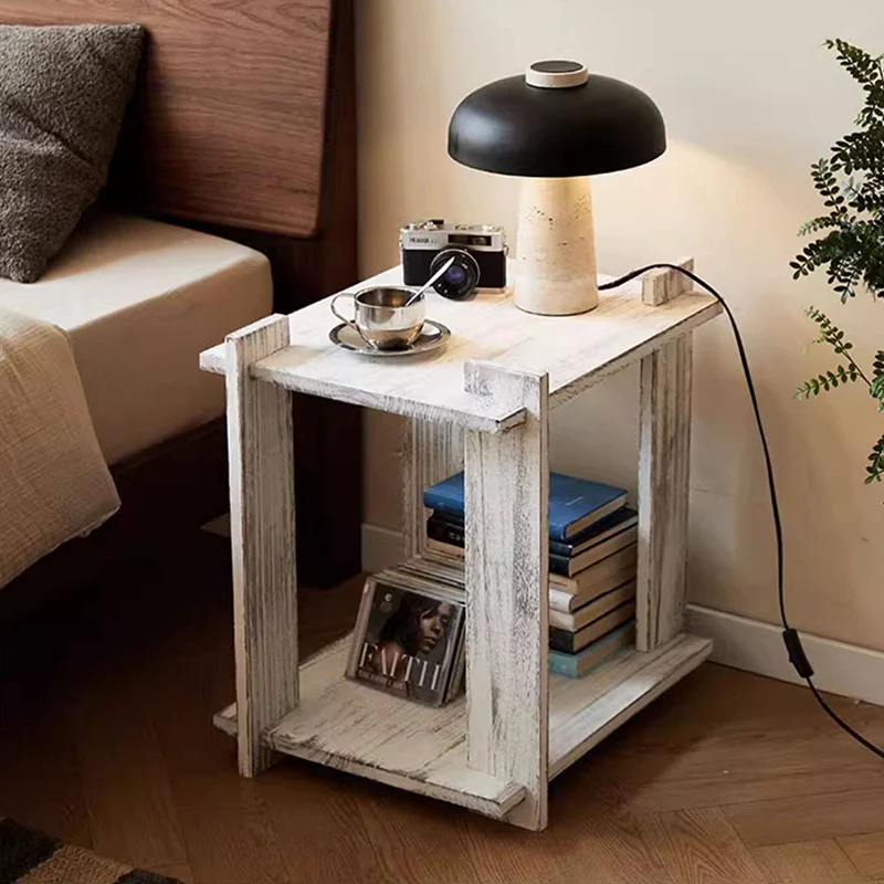 Modern Shabby Chic Paulownia Wood Rectangular Portable Side Table 2-Tier For Living Room & Bedroom