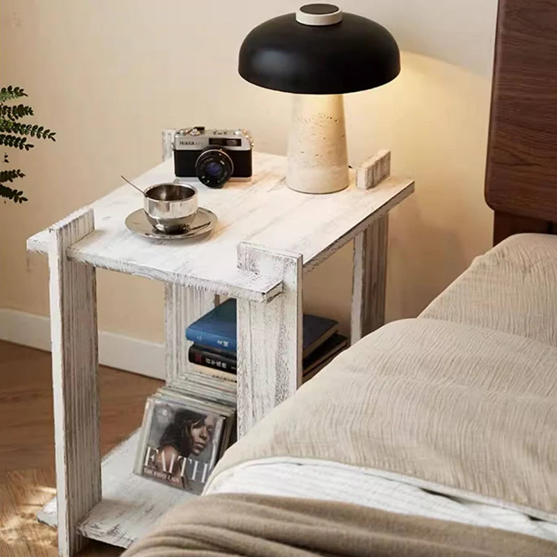Modern Shabby Chic Paulownia Wood Rectangular Portable Side Table 2-Tier For Living Room & Bedroom