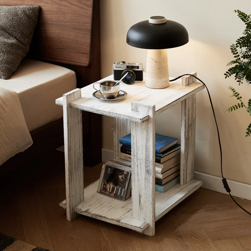 Modern Shabby Chic Paulownia Wood Rectangular Portable Side Table 2-Tier For Living Room & Bedroom
