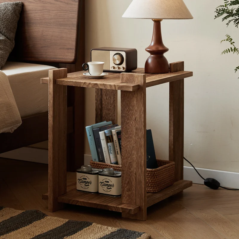 Modern Shabby Chic Paulownia Wood Rectangular Portable Side Table 2-Tier For Living Room & Bedroom