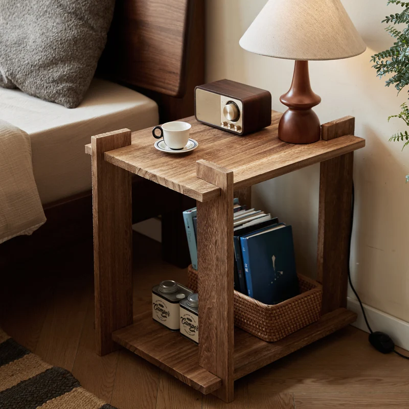 Modern Shabby Chic Paulownia Wood Rectangular Portable Side Table 2-Tier For Living Room & Bedroom