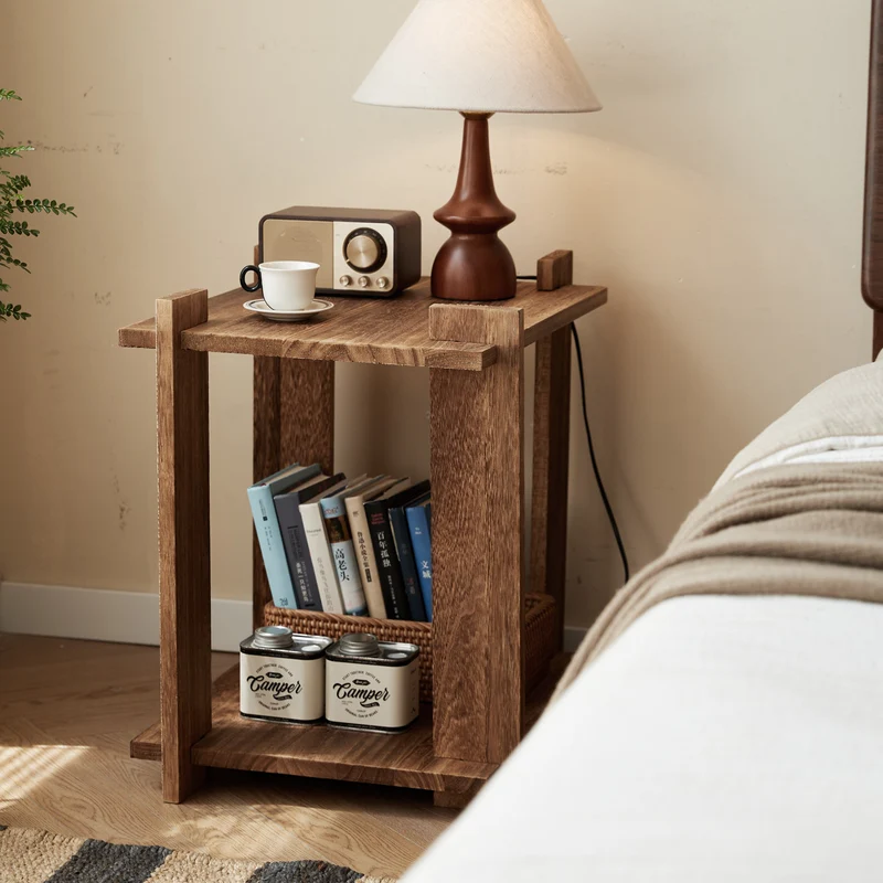 Modern Shabby Chic Paulownia Wood Rectangular Portable Side Table 2-Tier For Living Room & Bedroom