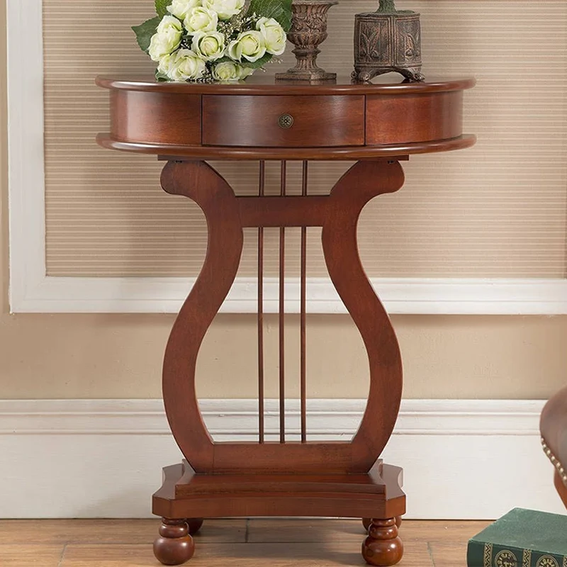 Traditional Chinese Birch Wood Eco-Friendly Engineered Wood Sturdy Semicircular Harp-Shaped Console Table 1-Drawer For Entryway & Hallway