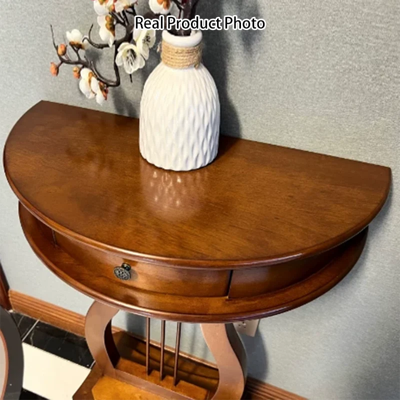 Traditional Chinese Birch Wood Eco-Friendly Engineered Wood Sturdy Semicircular Harp-Shaped Console Table 1-Drawer For Entryway & Hallway