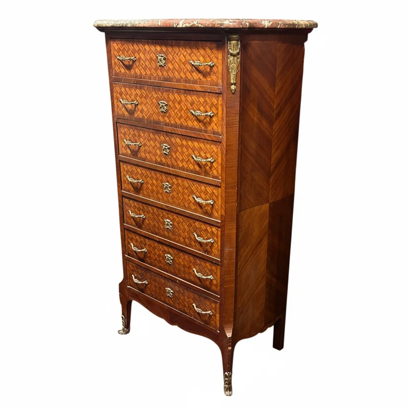 Chiffonier secretaire francés estilo Luis XV bombé cajones en parquetería bronce y cubierta de mármol