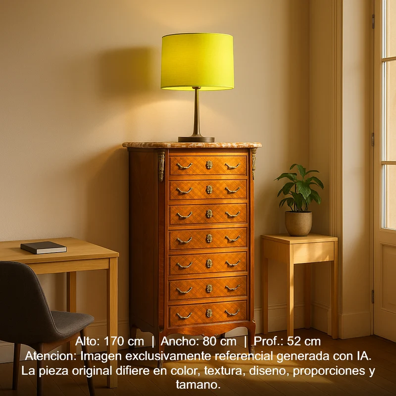 Chiffonier secretaire francés estilo Luis XV bombé cajones en parquetería bronce y cubierta de mármol